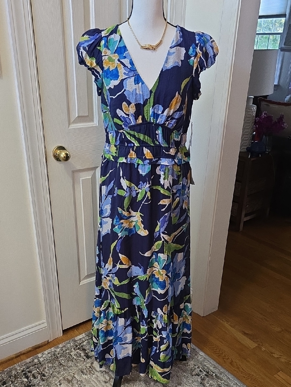 LONDON TIMES BRAND WOMEN'S BLUE FLORALSHORT SLEEVES LONG DRESS SIZE SMALL